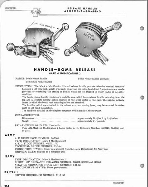 Bomb Release Handle Mark 4 Mo 3 SBD Dauntless, SB2C Helldiver