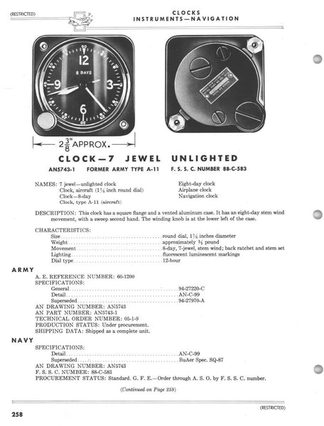 Aircraft Clock, 8-day, Type A-11 AN-5743-1 with Stand