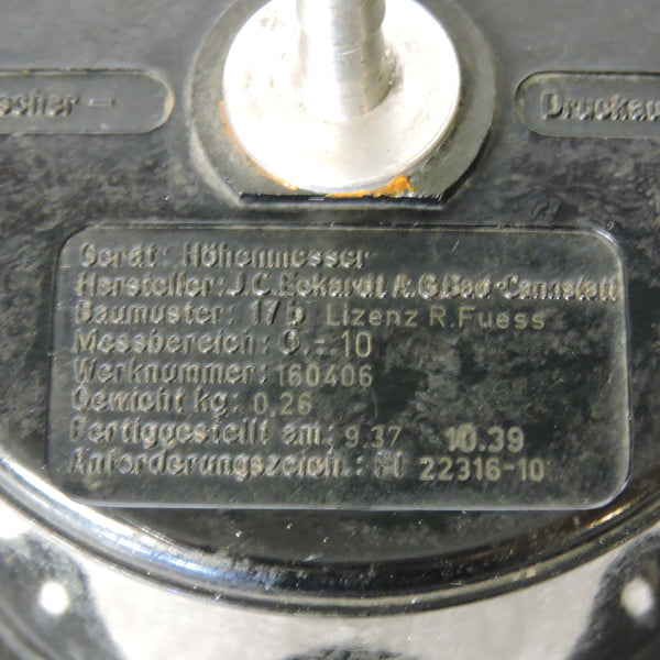 Altimeter, Luftwaffe, Fl.22316-10, R.Fuess Hohenmesser 1939