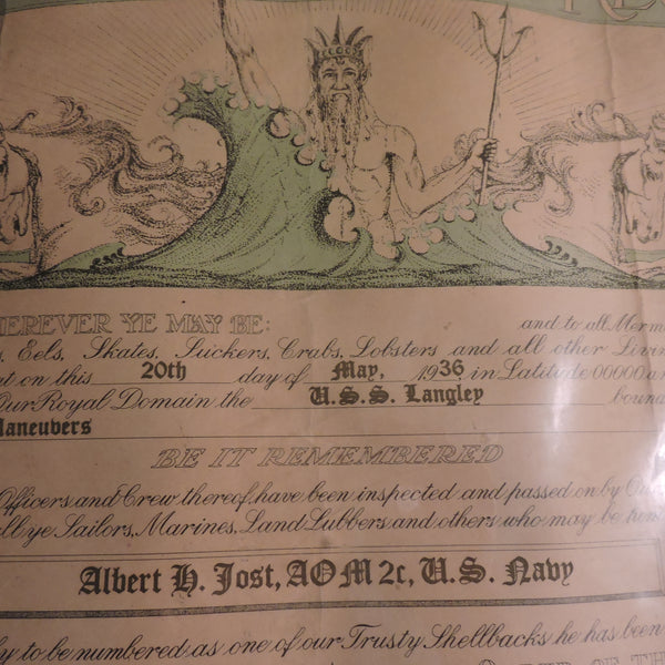 Shellback Certificate, US Langley Aircraft Carrier, 1936