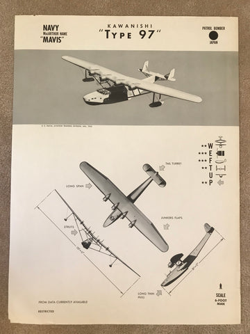 Aircraft Recognition Poster, Kawanishi Type 97 Mavis Japanese Patrol Bomber, 1943